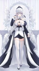 Rule 34 | 1girl, absurdres, bare shoulders, blue eyes, breasts, cleavage, detached sleeves, dress, expressionless, eyeliner, facing viewer, garter straps, highres, jewelry, large breasts, long hair, looking at viewer, maid, maid headdress, makeup, necklace, original, puffy sleeves, snow is, solo, thighhighs, very long hair, white hair, white thighhighs, zettai ryouiki