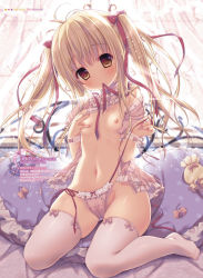 Rule 34 | 1girl, antenna hair, bed, bed sheet, blonde hair, blush, bon bon, bow, bow panties, breast press, breasts, brown eyes, center frills, clothes lift, curtains, eyebrows, eyelashes, frilled panties, frilled pillow, frills, full body, hair bow, hair ribbon, head tilt, highres, indoors, konomi (kino konomi), lifting own clothes, light rays, long hair, looking at viewer, mouth hold, nail polish, navel, nipples, on bed, open clothes, open shirt, original, panties, pillow, pink nails, pink panties, pink ribbon, red bow, red ribbon, ribbon, shirt, shirt lift, side-tie panties, sitting, small breasts, solo, tareme, text focus, thighhighs, transparent, underwear, untied panties, wariza, white shirt, white thighhighs, wristband