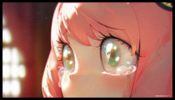 Rule 34 | 1girl, anya (spy x family), black border, blurry, blush, border, child, close-up, commentary, crying, crying with eyes open, depth of field, english commentary, eye focus, eye reflection, eyelashes, green eyes, hair ornament, highres, looking away, milk ko, mixed-language commentary, pink hair, reflection, solo, sparkling eyes, spy x family, tears, watermark, web address