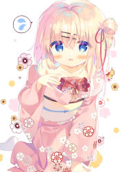 Rule 34 | 1girl, bare shoulders, blonde hair, blue eyes, blush, box, collarbone, commentary request, floral background, flower, flying sweatdrops, hair between eyes, hair flower, hair ornament, hairclip, hand up, japanese clothes, kimono, kneeling, long sleeves, mayu (yuizaki kazuya), obi, off shoulder, one side up, original, parted lips, pink flower, pink kimono, sash, socks, solo, spoken flying sweatdrops, tabi, white background, white socks, wide sleeves, yuizaki kazuya