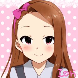 Rule 34 | 1girl, black vest, blush, bow, brown hair, character name, closed mouth, collared shirt, commentary request, grey shirt, hairband, heart, idolmaster, idolmaster (classic), long hair, looking at viewer, maa (io 215), minase iori, pink background, pink bow, pink eyes, pink hairband, polka dot, polka dot background, portrait, shirt, smile, solo, vest, wing collar
