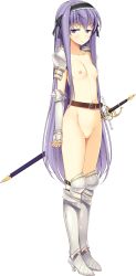 Rule 34 | 1girl, absurdres, armor, armored boots, boots, breasts, fujimori yuu, highres, koikishi purely kiss, long hair, no bra, no panties, no pussy, purple eyes, purple hair, simple background, small breasts, solo, sword, weapon, white background, yuuki hagure