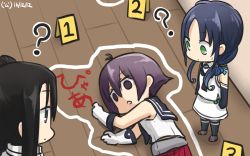 Rule 34 | 10s, 3girls, ?, blue hair, chalk outline, commentary, corpse, crime scene, dated, death, dying message, elbow gloves, gloves, hair ribbon, hamu koutarou, highres, kantai collection, long hair, low twintails, multiple girls, nachi (kancolle), purple hair, ribbon, sakawa (kancolle), school uniform, serafuku, side ponytail, sidelocks, sleeveless, suzukaze (kancolle), thighhighs, twintails