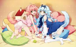 Rule 34 | 2girls, 2no, :&lt;, :d, animal ears, ass, ball, barefoot, bloomers, blue hair, dog ears, dog tail, doghouse, feet, gluteal fold, green eyes, hair ribbon, heart, heart-shaped pillow, highres, lily (wanko to lily), looking back, multiple girls, ninomoto, no panties, open mouth, pillow, pink hair, ribbon, smile, tail, tennis ball, thighhighs, underwear, wallpaper, wanko, wanko (wanko to lily), wanko to lily, wrist cuffs, yellow eyes
