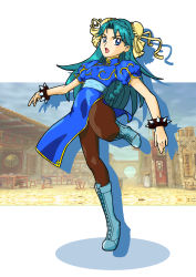 Rule 34 | 1girl, blue dress, blue eyes, blue hair, boots, bracelet, bun cover, capcom, china dress, chinese clothes, chun-li, chun-li (cosplay), commentary, cosplay, cross-laced footwear, dress, full body, go! princess precure, highres, jewelry, kaidou minami, lace-up boots, long hair, pantyhose, pelvic curtain, precure, puffy short sleeves, puffy sleeves, sash, short sleeves, solo, spiked bracelet, spikes, street fighter