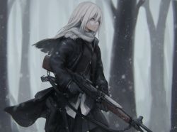 Rule 34 | 1girl, black coat, black pantyhose, black skirt, blurry, blurry background, closed mouth, coat, cowboy shot, depth of field, forest, gun, hair between eyes, holding, holding gun, holding weapon, long hair, long sleeves, nature, original, outdoors, pantyhose, pleated skirt, rifle, shiroi suzume, skirt, snow, snowing, solo, standing, weapon, white eyes, white hair