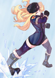 Rule 34 | 1girl, black gloves, black thighhighs, blonde hair, blue background, blue eyes, boots, breasts, buttons, capcom, coat, fur hat, fur trim, gloves, hat, highres, ice, kolin, lips, long hair, looking at viewer, parted lips, simple background, small breasts, standing, stomping, street fighter, street fighter v, thick thighs, thighhighs, thighs, ushanka, wavy hair, winter clothes, winter coat, yagi2013, zettai ryouiki