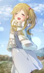 Rule 34 | 1girl, arms behind back, atu, blue jacket, blue shirt, cloud, cloudy sky, commentary request, dress, closed eyes, fang, grass, green hair, hair bobbles, hair ornament, highres, inuyama aoi, jacket, lens flare, light blush, long hair, mountain, multicolored clothes, scarf, scenery, shirt, side ponytail, skin fang, sky, smile, solo, standing, thick eyebrows, tree, white dress, yurucamp