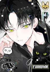 Rule 34 | 1boy, animal, black cat, black hair, black hoodie, cat, character request, closed mouth, copyright request, green eyes, hand on own cheek, hand on own face, hand up, highres, hood, hood down, hoodie, long sleeves, looking at viewer, male focus, parted bangs, pazzi (zzxh2354), shoes, short hair, slit pupils, solo, spoken expression, unworn shoes, upper body