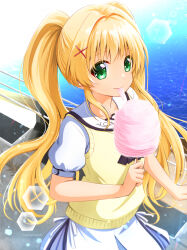 Rule 34 | 1girl, blonde hair, blush, bright pupils, closed mouth, commentary request, cotton candy, cowboy shot, day, eating, floating hair, food, gomasho asuka, green eyes, hair between eyes, hair intakes, hair ornament, hand up, happy, highres, holding, holding food, lens flare, light particles, long hair, looking at viewer, ocean, outdoors, puffy short sleeves, puffy sleeves, school uniform, shirt, short sleeves, sidelocks, skirt, smile, solo, sparkle, summer pockets, sunlight, sweater vest, tsumugi wenders, twintails, very long hair, white shirt, white skirt, x hair ornament, yellow sweater vest