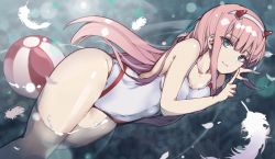 Rule 34 | 10s, 1girl, ball, beachball, competition swimsuit, cowboy shot, darling in the franxx, feathers, hairband, hanakanzarashi, highres, horns, index finger raised, looking at viewer, lying, no nose, on side, one-piece swimsuit, partially submerged, pink hair, smile, solo, straight hair, swimsuit, water, white hairband, white one-piece swimsuit, zero two (darling in the franxx)