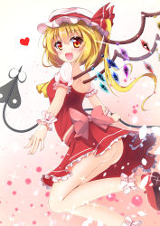 Rule 34 | 1girl, ankle cuffs, ascot, ass, blonde hair, fang, flandre scarlet, from behind, hat, hat ribbon, heart, highres, laevatein, long hair, looking at viewer, looking back, mary janes, mob cap, open mouth, petals, puffy short sleeves, puffy sleeves, red eyes, ribbon, sash, shirt, shoes, short sleeves, side ponytail, skirt, smile, solo, sparkle, touhou, upskirt, wings, wrist cuffs, ymd (holudoun)