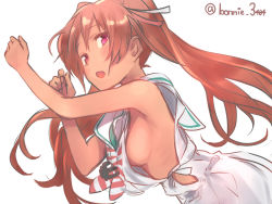 Rule 34 | 10s, 1girl, baffu, bare shoulders, blush, breasts, brown eyes, brown hair, dark-skinned female, dark skin, dress, hair ribbon, highres, kantai collection, libeccio (kancolle), long hair, open mouth, ribbon, sailor dress, sideboob, simple background, sketch, sleeveless, solo, twintails, twitter username