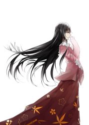 Rule 34 | 1girl, alternate eye color, bad id, bad pixiv id, black hair, bow, collar, frilled collar, frilled shirt collar, frilled sleeves, frills, hand up, highres, hime cut, houraisan kaguya, japanese clothes, kimono, leaf print, long hair, long skirt, long sleeves, milaria, orange eyes, parted lips, red skirt, simple background, skirt, smirk, solo, touhou, very long hair, white background, wide sleeves, wind