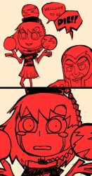 Rule 34 | 10s, 1boy, 1girl, 2koma, 4koma, close-up, clothes writing, comic, crying, crying with eyes open, english text, grin, hat, hecatia lapislazuli, helmet, limited palette, magneto, marvel, monochrome, off shoulder, setz, shirt, sketch, skirt, smile, t-shirt, tears, touhou, x-men