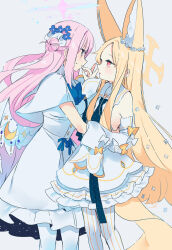 Rule 34 | 2girls, animal ear fluff, animal ears, bare shoulders, blonde hair, blue archive, blue flower, blush, capelet, detached sleeves, dress, extra ears, eye contact, flower, fox ears, fox shadow puppet, fox tail, grey background, hair bun, hair flower, hair ornament, halo, highres, long hair, looking at another, mika (blue archive), multiple girls, open mouth, pantyhose, pink hair, pink halo, seia (blue archive), simple background, single side bun, striped clothes, striped pantyhose, tail, vertical-striped clothes, vertical-striped pantyhose, white capelet, white dress, white pantyhose, white sleeves, yellow eyes, yellow halo, yun (dust-i1), yuri