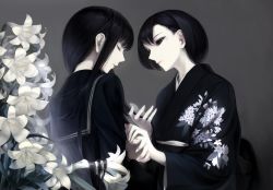 Rule 34 | 2girls, black eyes, black hair, black serafuku, black shirt, closed eyes, closed mouth, erise, floral print, flower, from side, holding, holding hands, holding own hair, japanese clothes, kimono, lily (flower), long hair, looking at another, mole, mole under eye, multiple girls, original, parted lips, profile, revision, school uniform, serafuku, shirt, short hair, siblings, sisters, upper body, very long hair