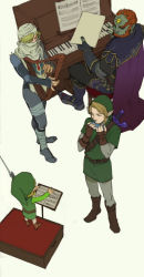 Rule 34 | 4boys, androgynous, bandages, baton, conductor baton, beard, blonde hair, brown hair, cape, conductor, facial hair, from above, ganondorf, gloves, harp, instrument, link, male focus, mask, master sword, multiple boys, music, nintendo, ocarina, piano, piano bench, pointy ears, princess zelda, pteruges, red hair, reverse trap, sheik, super smash bros., surcoat, sword, the legend of zelda, the legend of zelda: ocarina of time, the legend of zelda: the wind waker, toon link, upright piano, weapon