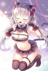 Rule 34 | 1girl, animal ears, areola slip, armpits, bare arms, bare shoulders, black gloves, black shirt, black skirt, black thighhighs, bow, braid, breasts, candy, cat ears, cat girl, cat tail, chocolate, chocolate heart, cleavage, closed eyes, crop top, facing viewer, food, french braid, frilled shirt, frills, gloves, hair bow, heart, highres, kiss day, kneeling, large breasts, long hair, microskirt, midriff, miniskirt, mouth hold, nanohana kohina, navel, no shoes, original, paw pose, revealing clothes, shirt, silver hair, skindentation, skirt, sleeveless, sleeveless shirt, solo, stomach, tail, thighhighs, thighs, twintails, very long hair
