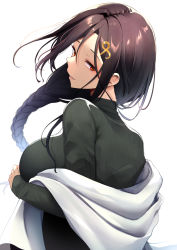 Rule 34 | 1girl, black shirt, blouse, braid, braided ponytail, breasts, brown hair, closed mouth, commentary request, from behind, hair between eyes, hair ornament, large breasts, looking at viewer, looking back, minato yu, nijisanji, parted bangs, red eyes, shirayuki tomoe, shirt, simple background, single braid, smile, solo, upper body, virtual youtuber, white background