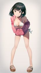 Rule 34 | 1girl, :d, bare legs, bare shoulders, bikini, black hair, breasts, brown eyes, cleavage, collarbone, drawstring, earrings, flower, full body, grey background, grin, halterneck, halterneck, hands in pockets, highres, hyuuga azuri, jacket, jewelry, large breasts, leaning forward, long legs, long sleeves, looking at viewer, medium hair, nail polish, off shoulder, open clothes, open jacket, open mouth, original, partially unzipped, pink jacket, sandals, side-tie bikini bottom, sidelocks, simple background, smile, solo, standing, star (symbol), swimsuit, thighs, toenail polish, toenails, white bikini, white flower