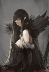 Rule 34 | 1girl, bare shoulders, black dress, black hair, breasts, character name, closed mouth, commentary request, detached sleeves, dress, fate/apocrypha, fate/grand order, fate (series), fur trim, grey background, highres, large breasts, long hair, long sleeves, looking at viewer, looking to the side, marumoru, pointy ears, semiramis (fate), simple background, sketch, solo, very long hair, yellow eyes