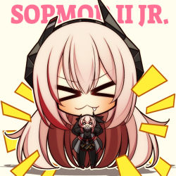 Rule 34 | &gt; &lt;, 7:08, bad id, bad pixiv id, black legwear, character name, chibi, closed mouth, closed eyes, fang, fang out, girls&#039; frontline, hair between eyes, headgear, highres, holding person, jacket, long hair, m4 sopmod ii (girls&#039; frontline), m4 sopmod ii jr, pantyhose, plaid, plaid skirt, skirt, smile, stuffed toy