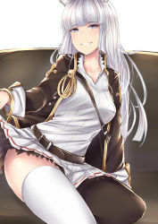 Rule 34 | 10s, 1girl, animal ears, arm support, asymmetrical legwear, belt, black jacket, black thighhighs, blunt bangs, blush, breasts, clothes lift, collarbone, dress, dress lift, erune, granblue fantasy, greenopi, grey eyes, highres, jacket, korwa, lifted by self, long hair, long sleeves, looking at viewer, medium breasts, mismatched legwear, open clothes, open jacket, parted lips, ribbed dress, short dress, silver hair, sitting, smile, solo, thighhighs, white thighhighs