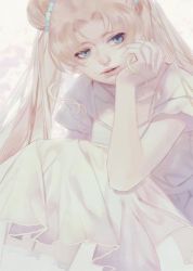 Rule 34 | 1girl, bad id, bad twitter id, bishoujo senshi sailor moon, blonde hair, blue eyes, head rest, double bun, kidchan, legs up, long hair, pale color, parted lips, sitting, solo, tsukino usagi, twintails