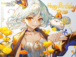 Rule 34 | 1girl, brown eyes, brown jacket, camisole, canking, collarbone, commentary request, crown, gradient background, grey background, grey hair, hand up, happy birthday, jacket, jacket on shoulders, looking at viewer, mini crown, original, parted lips, pixiv id, short eyebrows, smile, solo, thick eyebrows, tilted headwear, watermark, web address, white background, white camisole