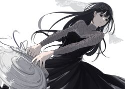 Rule 34 | 1girl, black dress, black hair, breasts, bridal veil, dress, fishnet dress, fishnet sleeves, fishnets, highres, holding, holding weapon, incoming attack, long dress, long hair, looking at viewer, medium breasts, osaragi (sakamoto days), rokuen skd, sakamoto days, saw, see-through, see-through dress, solo, veil, weapon, white background