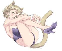 Rule 34 | 1girl, animal ears, between legs, breasts, cat ears, cat tail, detached sleeves, full body, high heels, hugging own legs, knees to chest, large breasts, legs together, light brown hair, looking at viewer, nishieda, open mouth, shoes, short hair, simple background, solo, tail, white background