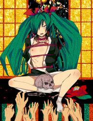 Rule 34 | 1girl, bad id, bad pixiv id, bdsm, bondage, bound, breasts, empty eyes, expressionless, flat chest, green hair, hair over one eye, hatsune miku, hypnosis, japanese clothes, legs, long hair, mind control, musunde hiraite rasetsu to mukuro (vocaloid), nipples, petals, red eyes, rope, sato yoshi shizue, satoyoshi fuyou, skull, solo, twintails, vocaloid