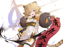 Rule 34 | 1girl, :d, absurdres, animal ear fluff, animal ears, arknights, black shorts, breasts, brown eyes, brown hair, calligraphy brush, commentary request, du yaoye (arknights), fang, hair between eyes, highres, holding, holding paintbrush, japanese clothes, kimono, long hair, long sleeves, looking at viewer, mdo (chdmw66), medium breasts, obi, open mouth, oversized object, paintbrush, puffy long sleeves, puffy sleeves, sash, short shorts, shorts, smile, solo, standing, standing on one leg, tail, thighhighs, tiger ears, tiger girl, tiger tail, translation request, very long hair, white kimono, white thighhighs