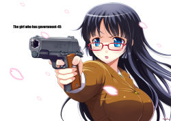 Rule 34 | 1girl, :o, aiming, blue eyes, blue hair, blunt bangs, breasts, cherry blossoms, cocked hammer, crying, crying with eyes open, english text, engrish text, glasses, gun, handgun, highres, large breasts, long hair, m1911, matching hair/eyes, number10 (hagakure), original, ranguage, red-framed eyewear, shirt, solo, taut clothes, taut shirt, tears, weapon, white background