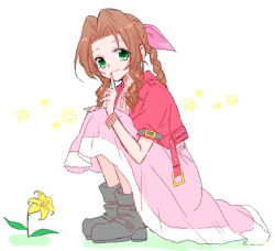 Rule 34 | 1girl, aerith gainsborough, boots, bracelet, braid, braided ponytail, choker, cropped jacket, dress, final fantasy, final fantasy vii, final fantasy vii remake, finger to own chin, flower, full body, green eyes, hair ribbon, jacket, jewelry, kira0902, long dress, parted bangs, pink dress, puffy short sleeves, puffy sleeves, red jacket, ribbon, short sleeves, sidelocks, sitting, solo, square enix, wavy hair, white background, yellow flower