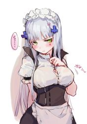 Rule 34 | 1girl, anger vein, blush, breasts, cleavage, cosplay, embarrassed, g36 (girls&#039; frontline), g36 (girls&#039; frontline) (cosplay), girls&#039; frontline, green eyes, hair ornament, hairclip, hk416 (girls&#039; frontline), imoko (imonatsuki), large breasts, maid, maid headdress, shirt, silver hair, solo, tight clothes, tight shirt