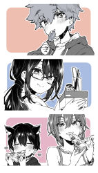 Rule 34 | 2boys, 2girls, animal ear fluff, blush, box, bracelet, breasts, candy, cat boy, chain, chain necklace, cleavage, closed eyes, earrings, eating, fang, food, glasses, greyscale with colored background, hair between eyes, heart, highres, holding, holding box, holding candy, holding food, holding lollipop, holding pizza, hood, hood down, hoodie, ink bottle, jewelry, lollipop, long hair, medium breasts, morishima kon, multiple boys, multiple girls, necklace, original, pen, pizza, ponytail, ruler, semi-rimless eyewear, shirt, unzipped
