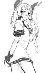 Rule 34 | 10s, 1girl, blunt bangs, blush, deras, dress, gloves, greyscale, hand on own chest, headgear, kantai collection, long hair, looking at viewer, monochrome, murakumo (kancolle), sailor dress, short sleeves, sidelocks, sketch, solo