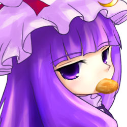 Rule 34 | 1girl, close-up, croquette, female focus, hat, looking back, mouth hold, patchouli knowledge, purple hair, solo, touhou, tsubasa (abchipika)