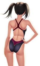 Rule 34 | 1girl, ass, back, bare shoulders, black hair, competition swimsuit, contrapposto, from behind, hand on own hip, highres, hip focus, kuri (kurigohan), light, ling xiaoyu, one-piece swimsuit, original, short hair, simple background, solo, standing, swimsuit, tekken, thighs, twintails, white background