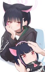 Rule 34 | 1girl, 1other, absurdres, animal ears, black choker, black hoodie, blue archive, blush, cat ears, choker, closed mouth, colored inner hair, commentary request, exiadoon, green sailor collar, hair ornament, hairclip, halo, hand on own chin, headpat, highres, holding, holding stuffed toy, hood, hoodie, kazusa (blue archive), long sleeves, looking at viewer, multicolored hair, pink eyes, pink hair, pink halo, sailor collar, short hair, simple background, stuffed toy, white background