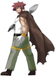 Rule 34 | 1boy, absol (dkqthf), bare arms, beard, belt, black belt, boots, brown cape, brown footwear, brown hair, byron (pokemon), cape, commentary request, creatures (company), facial hair, full body, game freak, gloves, grin, holding, holding shovel, male focus, muscular, muscular male, nintendo, pants, pokemon, pokemon dppt, shirt, short hair, shovel, sleeveless, sleeveless shirt, smile, solo, spiked hair, standing, teeth, torn clothes, torn pants, white gloves, white shirt