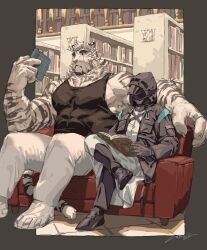 Rule 34 | 2boys, animal ears, arknights, bara, bare arms, biceps, book, couch, covered abs, doctor (arknights), facial hair, full body, furry, furry male, gentle2nd, goatee, holding, holding book, hood, hood up, jewelry, large hands, large pectorals, library, male doctor (arknights), male focus, mature male, mountain (arknights), multiple boys, muscular, muscular male, on couch, open book, pants, pectorals, ring, shoes, short hair, sideburns, sidepec, sitting, size difference, thick eyebrows, tiger boy, tiger ears, white fur, white pants
