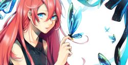 Rule 34 | 1girl, bad id, bad pixiv id, blue eyes, bug, butterfly, butterfly on hand, insect, long hair, looking at viewer, megurine luka, namo (00), pink hair, sleeveless, solo, vocaloid