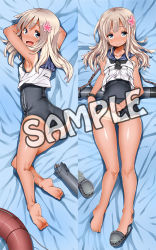 Rule 34 | 10s, 1girl, :d, armpits, bad id, bad pixiv id, bare legs, barefoot, blonde hair, blue eyes, blush, censored, cleft of venus, clothes pull, collagen, collarbone, crop top, dakimakura (medium), double vertical stripe, feet, japanese flag, kantai collection, lifebuoy, long hair, looking back, lying, multiple views, on back, on stomach, one-piece swimsuit, one-piece swimsuit pull, one-piece tan, open mouth, pussy, ro-500 (kancolle), sample watermark, school swimsuit, school uniform, serafuku, shoes, single shoe, slippers, smile, soles, swim ring, swimsuit, tan, tanline, toes, torpedo, watermark