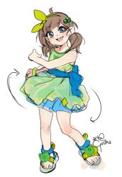 Rule 34 | 1girl, alternate costume, alternate hairstyle, animal print, arm up, arrow (symbol), artist name, blue eyes, blue footwear, blue skirt, blush, bow, brown hair, dress, ears, eyelashes, feet, freckles, frog, frog print, full body, girutea, green eyes, green footwear, green hair ornament, green shirt, green skirt, hair bow, hairband, indie virtual youtuber, knees, legs, lily hopkins, messy hair, motion lines, multicolored clothes, multicolored eyes, multicolored footwear, multicolored skirt, neck, open mouth, ruffled skirt, sandals, shirt, signature, simple background, sketch, skirt, sleeveless, sleeveless shirt, spinning, standing, teeth, thighs, toes, tongue, twintails, upper teeth only, white background, white footwear, wristband, yellow bow, yellow footwear, yellow hairband, yellow headwear