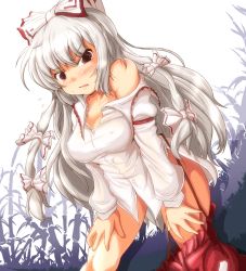 Rule 34 | 1girl, annoyed, bamboo, bamboo forest, bare shoulders, blush, body blush, bottomless, bow, breasts, cleavage, clothes pull, covered erect nipples, d:, d:&lt;, dress shirt, female focus, forest, fujiwara no mokou, hair bow, hands on thighs, large breasts, leaning forward, long hair, looking at viewer, naked shirt, nature, no bra, no panties, off shoulder, open mouth, pants, pants pull, red eyes, shiny skin, shirt, solo, standing, straight hair, suspenders, touhou, v-shaped eyebrows, very long hair, white hair, yoriyuki chiyo