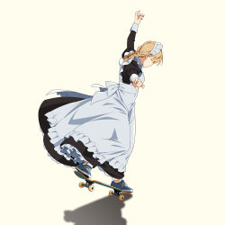 Rule 34 | 1girl, apron, blonde hair, braid, braided ponytail, commentary request, dress, from side, maid, maid apron, maid headdress, original, simple background, skateboard, solo, suzushiro (suzushiro333), twin braids, white background