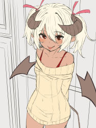 1girl, :p, arms behind back, bangs, bare shoulders, blush, brown eyes, brown sweater, brown wings, closed mouth, collarbone, commentary request, covered navel, curled horns, dark skin, dark skinned female, demon girl, demon horns, demon tail, demon wings, detached wings, eyebrows visible through hair, hair between eyes, hair ribbon, highres, horns, off-shoulder sweater, off shoulder, original, pointy ears, red ribbon, ribbed sweater, ribbon, smile, solo, sweater, tail, tongue, tongue out, twintails, white hair, wings, yuuji (yukimimi)